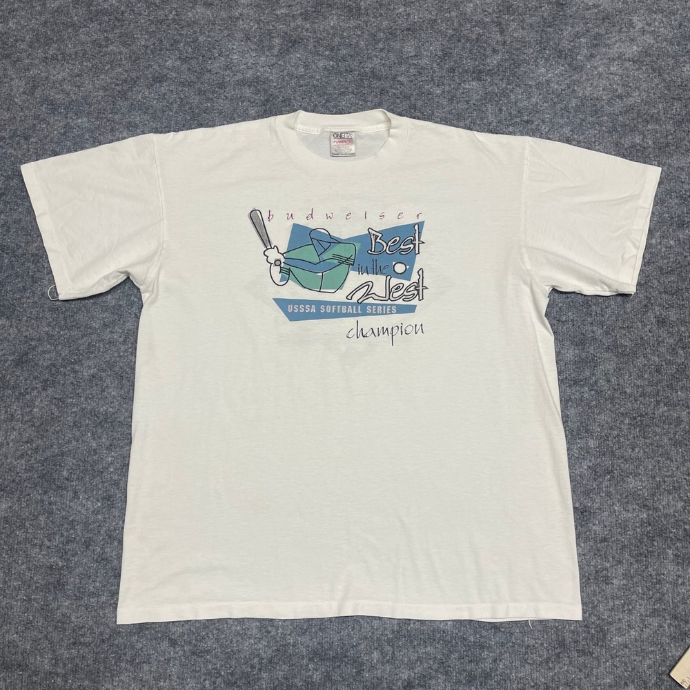 Vintage Budweiser USSSA Softball Champion T-Shirt Mes XL White Mizuno Oneita Tag